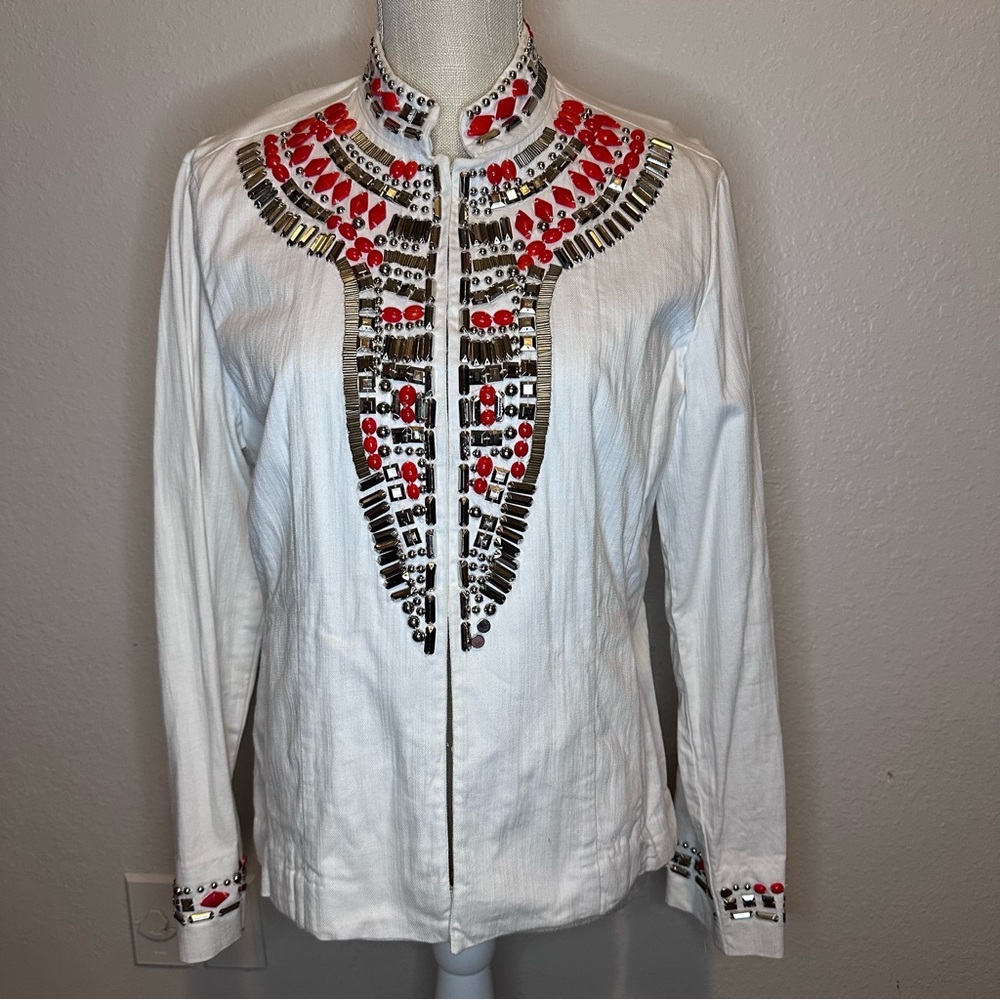 White Jean Jacket with Beading, Medium